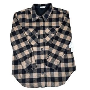 Good American Shacket S Women Putty Black Long Sleeve Buffalo Plaid Button NTWs